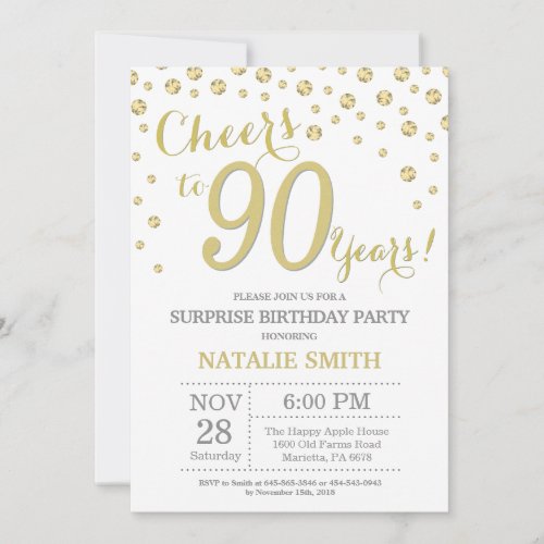 Surprise 90th Birthday Gold Glitter Diamond Invitation