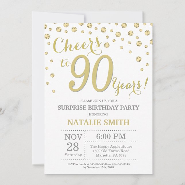 Surprise 90th Birthday Gold Glitter Diamond Invitation (Front)