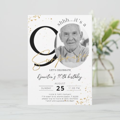 Surprise 90th Birthday Gold Photo Invitation