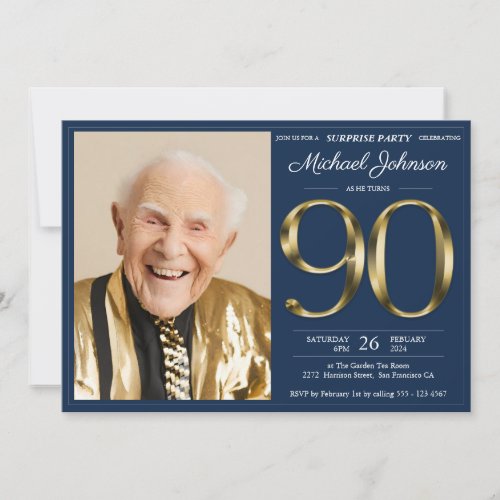 Surprise 90th Birthday Gold Text Navy Blue Photo Invitation