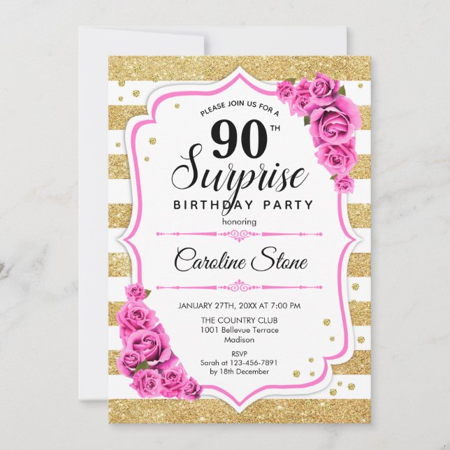 Surprise 90th Birthday - Gold White Pink Invitation (Front)