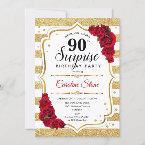 Surprise 90th Birthday _ Gold White Red Invitation