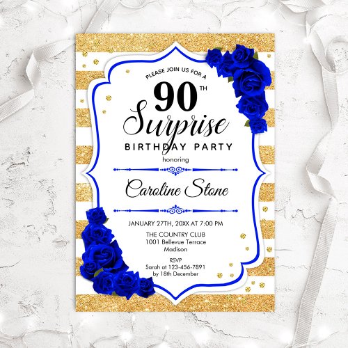 Surprise 90th Birthday _ Gold White Royal Blue Invitation