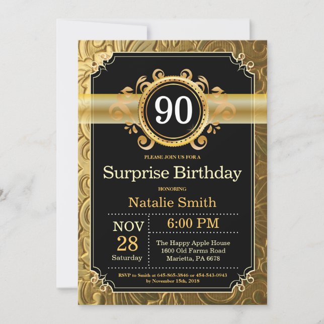 Surprise 90th Birthday Invitation Black and Gold (Front)
