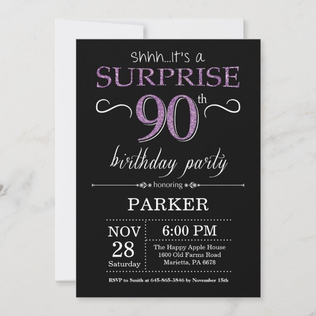 Surprise 90th Birthday Invitation Black and Purple (Front)