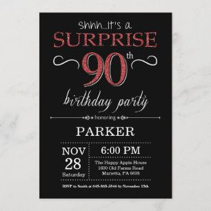 Surprise 90th Birthday Invitation Black and Red