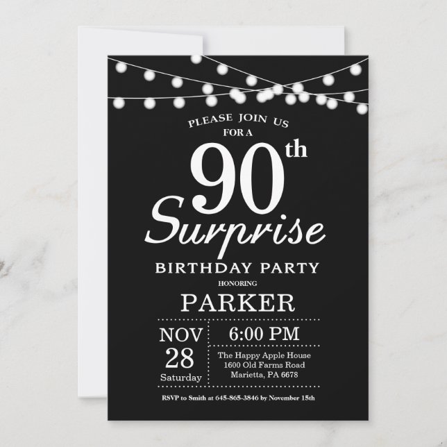Surprise 90th Birthday Invitation Black and White (Front)