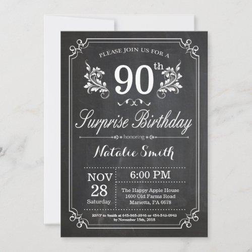 Surprise 90th Birthday Invitation Chalkboard