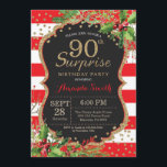 Surprise 90th Birthday Invitation Christmas Gold<br><div class="desc">Surprise 90th Birthday Invitation for women or man. Christmas Birthday Party Invite. Christmas Floral Flower. Black,  Red and Gold Glitter. Red and White Stripes. Printable Digital. For further customization,  please click the "Customize it" button and use our design tool to modify this template.</div>