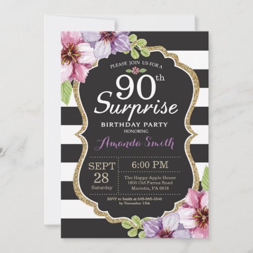 Surprise 90th Birthday Invitation Floral Gold