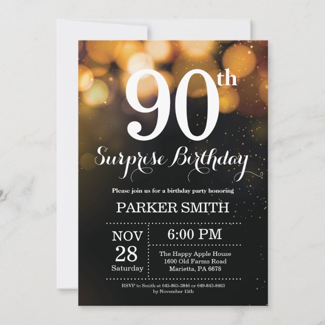 Surprise 90th Birthday Invitation Gold Glitter (Front)