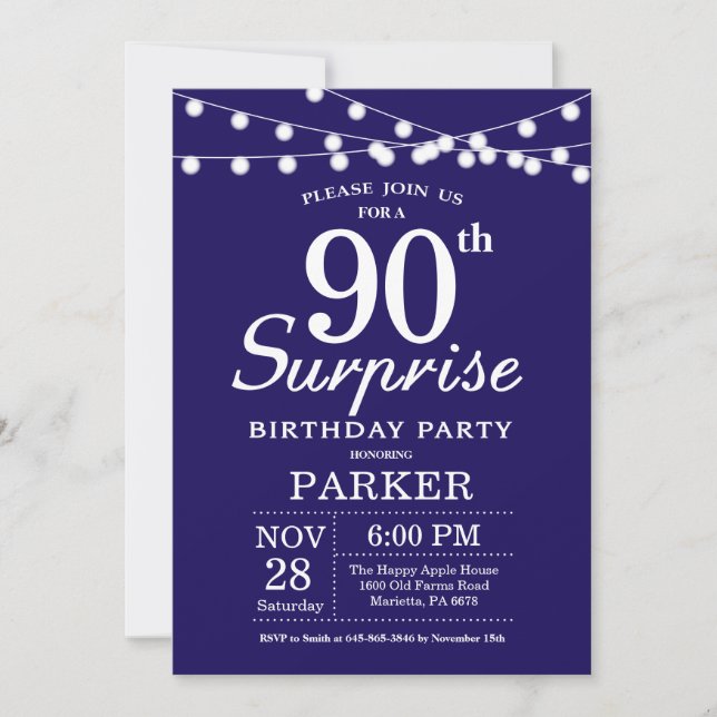 Surprise 90th Birthday Invitation Navy Blue (Front)