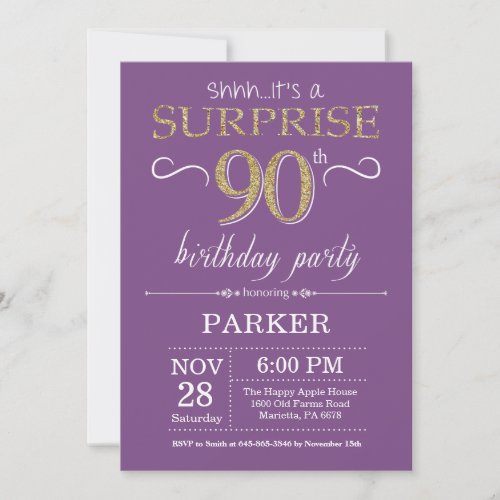 Surprise 90th Birthday Invitation Purple and Gold