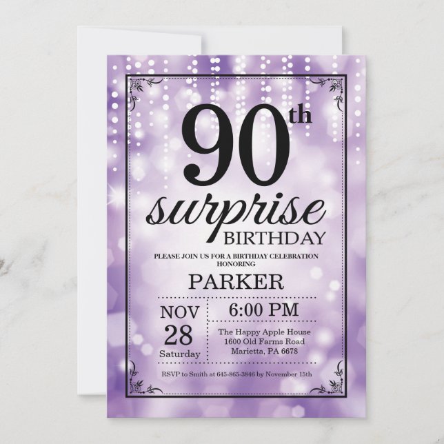 Surprise 90th Birthday Invitation Purple Glitter (Front)