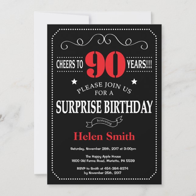 Surprise 90th Birthday Invitation Red and Black (Front)