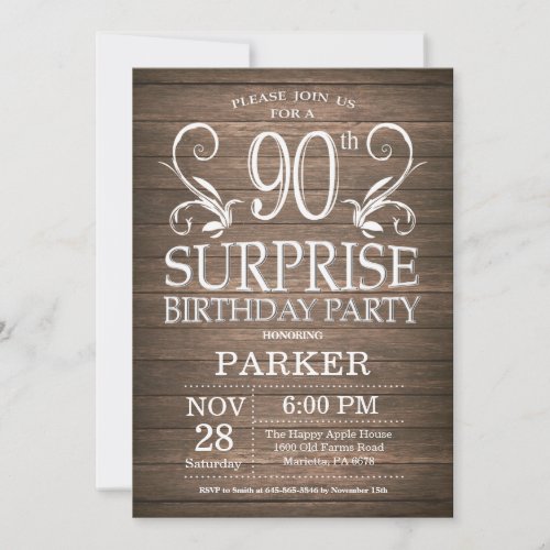 Surprise 90th Birthday Invitation Rustic Wood