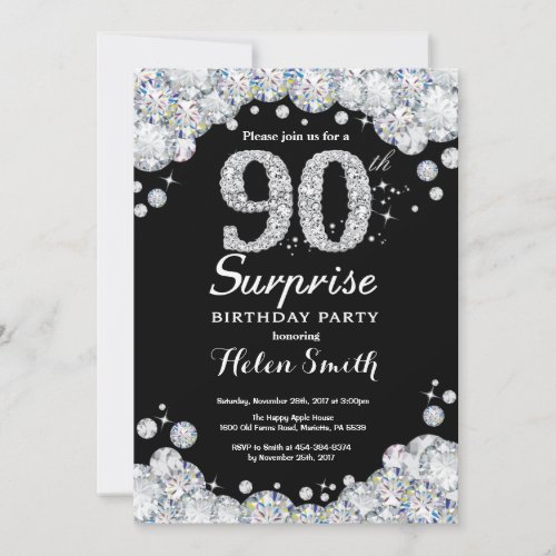 Surprise 90th Birthday Invitation Silver Diamond