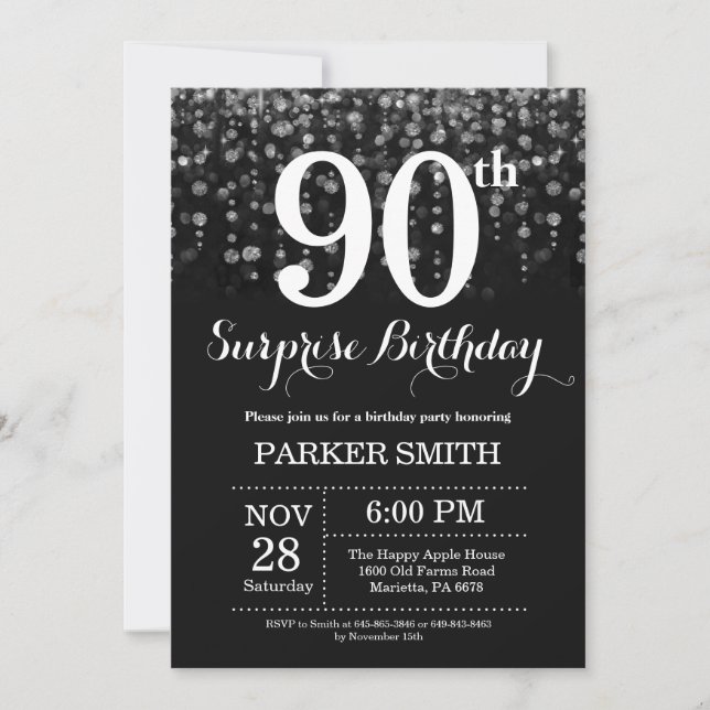 Surprise 90th Birthday Invitation Silver Glitter (Front)