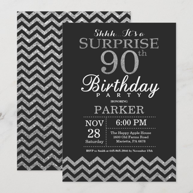 Surprise 90th Birthday Invitation Silver Glitter (Front/Back)