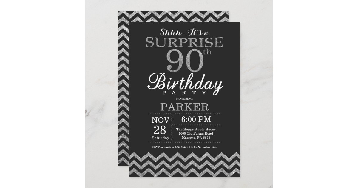 Surprise 90th Birthday Invitation Silver Glitter | Zazzle