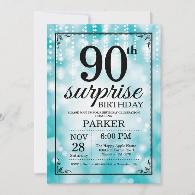 Surprise 90th Birthday Invitation Teal Glitter (Front)