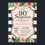 Surprise 90th Birthday Invitation Women Floral<br><div class="desc">Surprise 90th Birthday Invitation for women. Black and Gold Birthday Party Invite. Gold Glitter. Pink Watercolor Floral Flower. Black and White Stripes. Printable Digital. For further customization,  please click the "Customize it" button and use our design tool to modify this template.</div>