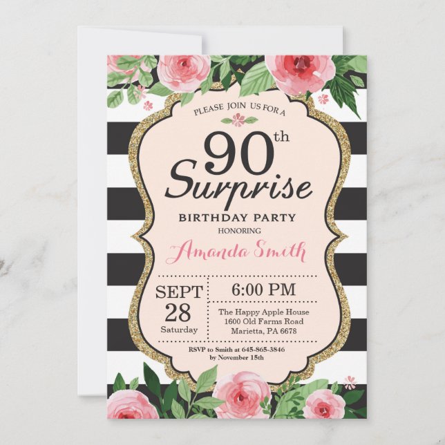 Surprise 90th Birthday Invitation Women Floral (Front)
