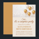 Surprise 90th birthday invitations Gold<br><div class="desc">Honor a loved one's incredible 90th birthday with this elegant surprise party invitation, featuring shimmering gold and white balloons on a soft cream background with a touch of glitter. Perfect for planning a secret 90th birthday celebration for women or men, this sophisticated design sets the tone for a glamorous surprise...</div>