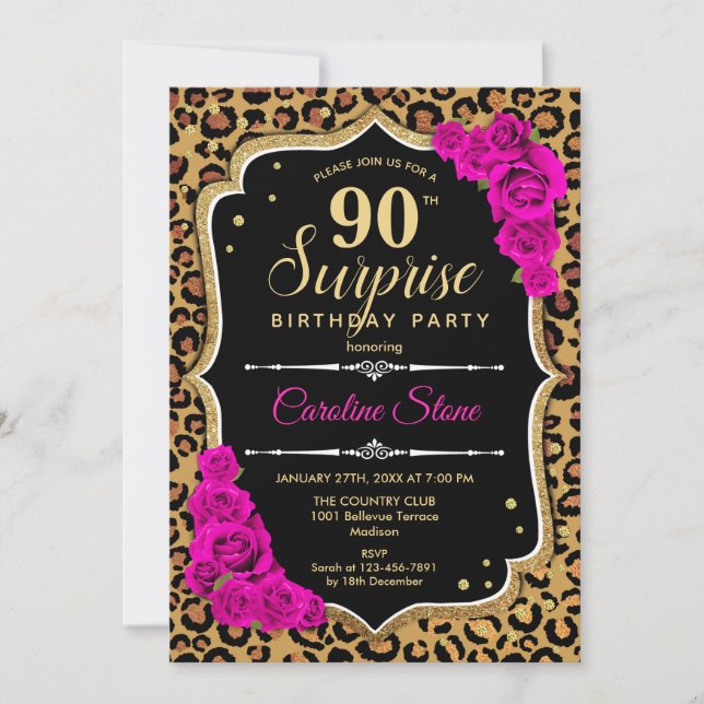 Surprise 90th Birthday - Leopard Black Gold Pink Invitation (Front)