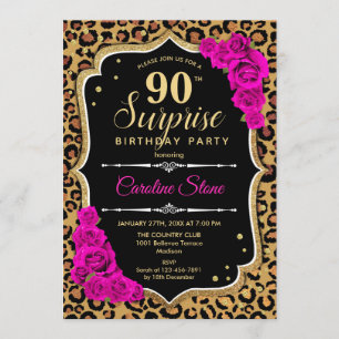 Surprise 90th Birthday - Leopard Black Gold Pink Invitation