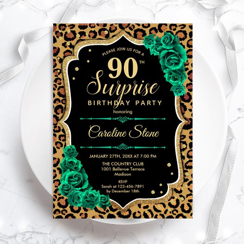 Surprise 90th Birthday _ Leopard Black Gold Pink Invitation