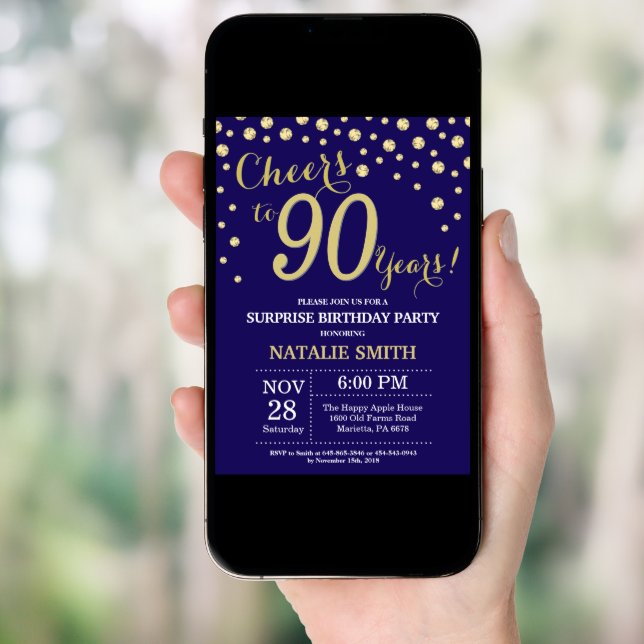 Surprise 90th Birthday Navy Blue and Gold Diamond Invitation (Front Digital)