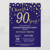 Surprise 90th Birthday Navy Blue and Gold Diamond