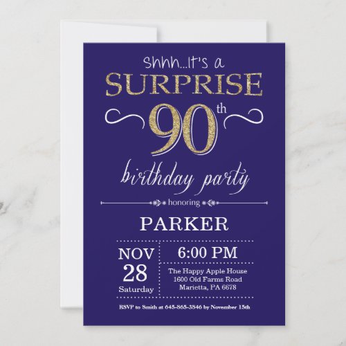 Surprise 90th Birthday Navy Blue and Gold Glitter Invitation