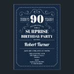 Surprise 90th Birthday - Navy Blue Invitation<br><div class="desc">Surprise 90th Birthday Invitation.
Elegant retro navy blue and white design. Cheers to 90 years! can be customized to show any age.</div>