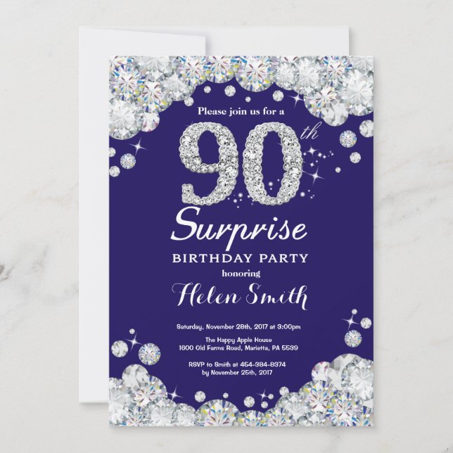 Surprise 90th Birthday Navy Blue Silver Diamond Invitation (Front)