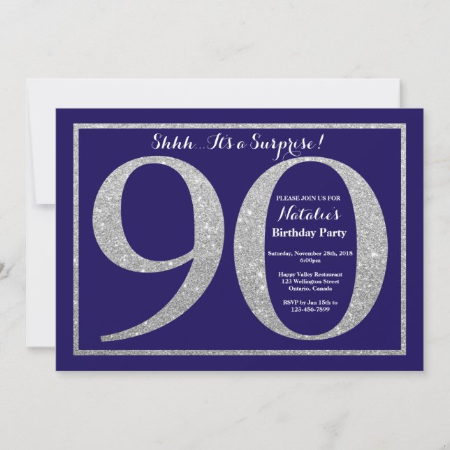Surprise 90th Birthday Navy Blue Silver Glitter Invitation (Front)