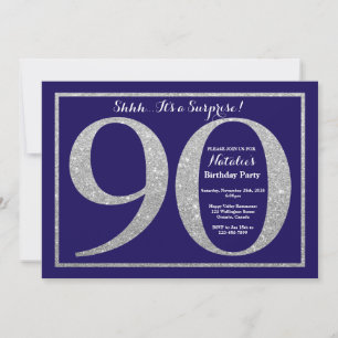 Surprise 90th Birthday Navy Blue Silver Glitter Invitation