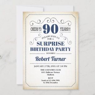 Surprise 90th Birthday - Navy Blue White Black Invitation