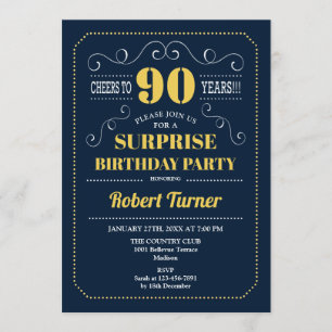 Surprise 90th Birthday - Navy Gold Invitation