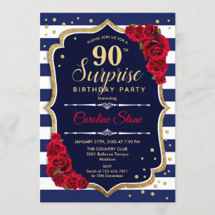 Surprise 90th Birthday - Navy White Red Invitation