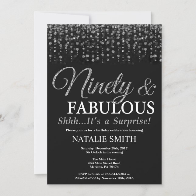 Surprise 90th Birthday Ninety and Fabulous Silver Invitation (Front)