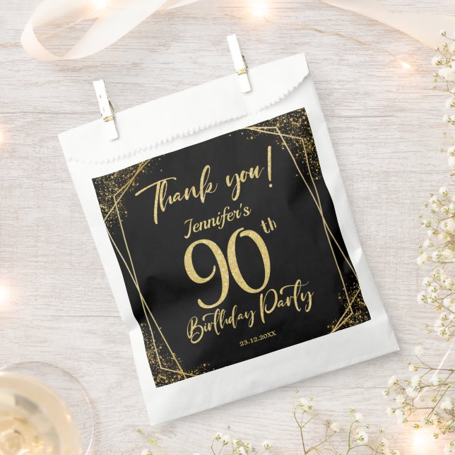 Surprise 90th Birthday Party Black & Gold Glitter Favor Bag (Clipped)