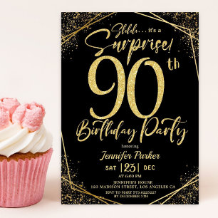 Surprise 90th Birthday Party Black & Gold Glitter Invitation