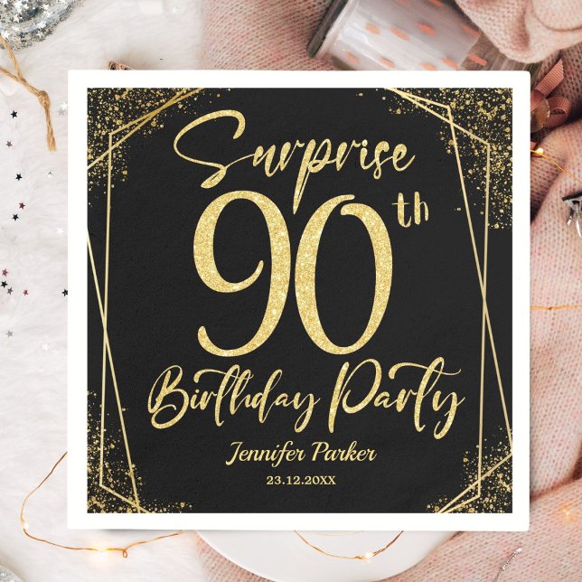 Surprise 90th Birthday Party Black & Gold Glitter Napkins (Creator Uploaded)