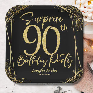 Surprise 90th Birthday Party Black & Gold Glitter Paper Plates