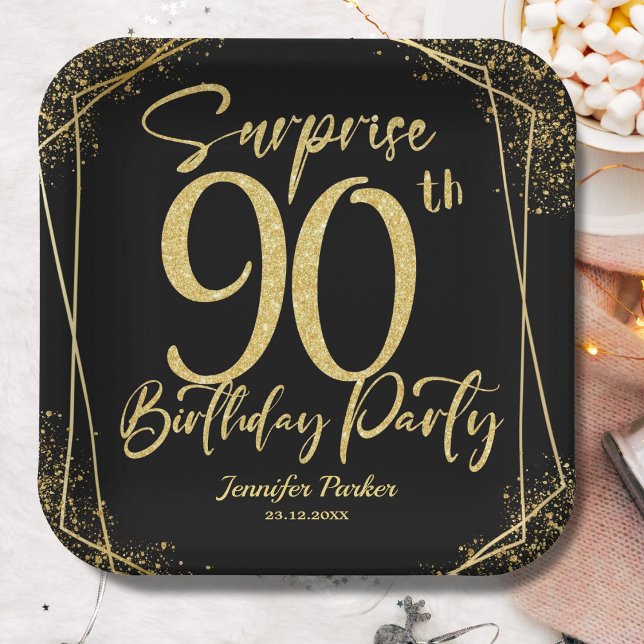 Surprise 90th Birthday Party Black & Gold Glitter Paper Plates (Creator Uploaded)