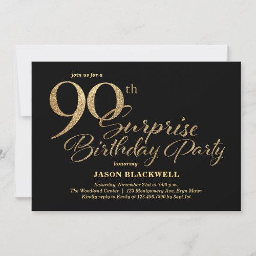 Surprise 90th Birthday Party Black  Gold Invitation