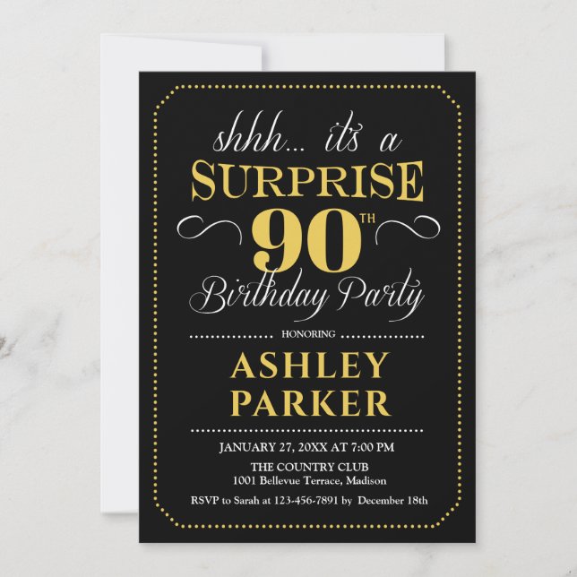 Surprise 90th Birthday Party - Black Gold Invitation (Front)