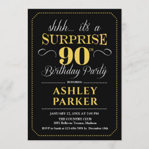 Surprise 90th Birthday Party - Black Gold Invitation